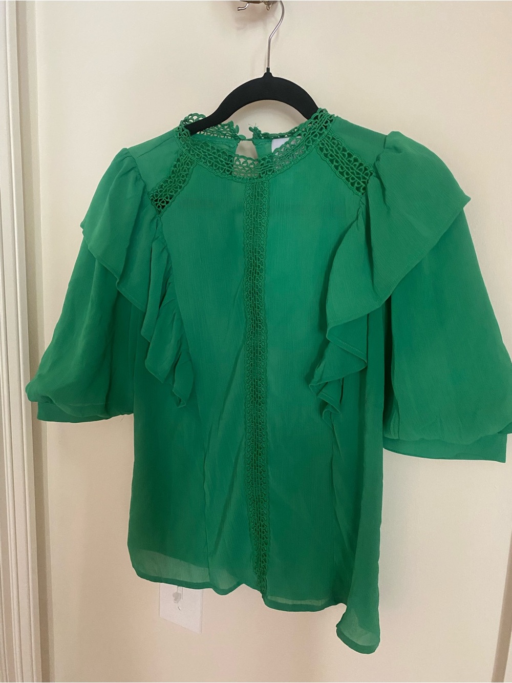 Women's Green Ruffle Sleeve Blouse with Lace Trim